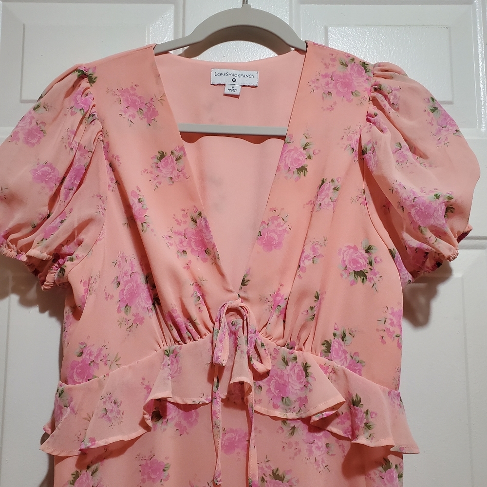 LoveShackFancy Pink Floral Ruffle Midi Dress Size 8 - Picture 5 of 12